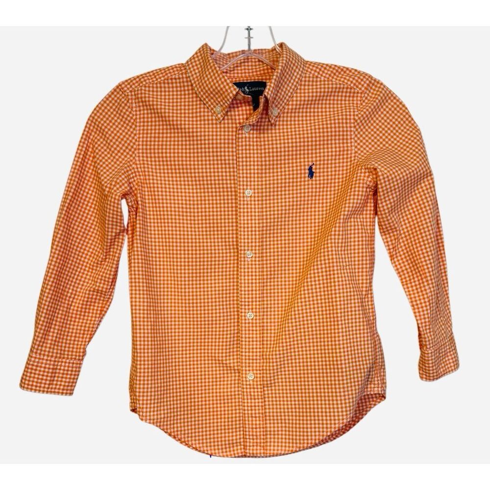 Ralph Lauren Boys Orange/White Gingham Check Button Down Shirt Sz. 7